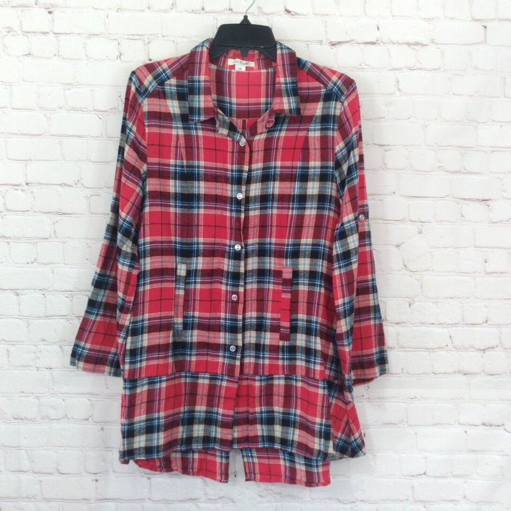 Simply Noelle Flannel Shirt Womens Small Medium Red Plaid Roll Tab Tunic Cotton